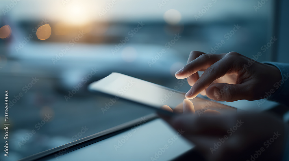 Obraz premium Person use a digital tablet with touch screen near airport window, sun flare, airplane background, modern technology, network, travel, business trip