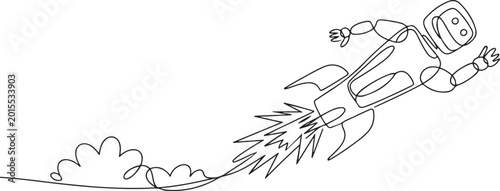 Single one line drawing robot flying high riding firework rocket. Future technology development. Artificial intelligence machine learning processes. one line icon drawing vector