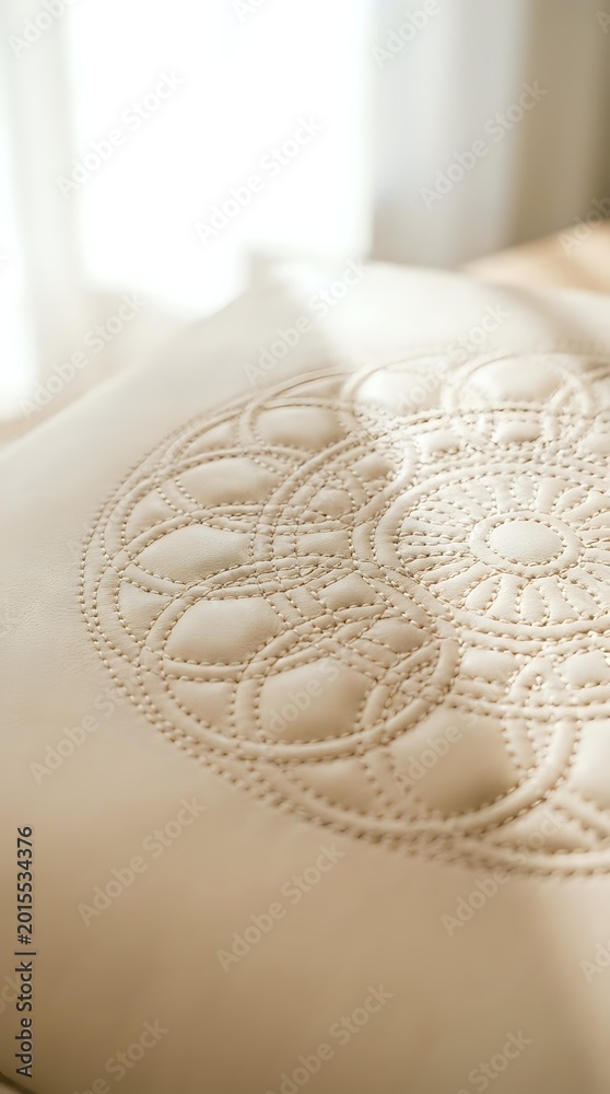 Naklejka premium Close-up of cream quilted mattress surface with intricate circular stitching pattern in soft natural bedroom lighting for comfort and sleep concepts.