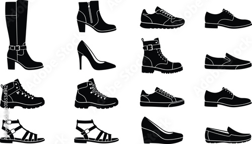 Konstfotografi Fashion footwear silhouette collection with boots, sneakers and formal shoes iso