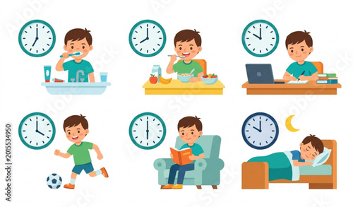 Photos Boy daily routine vector set kids everyday activities with clocks and healthy ha