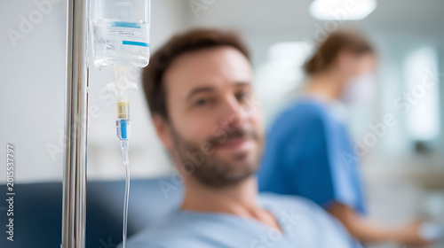 Close-up of IV Drip, Patient in Hospital Room with Medical Worker in Background, Focus on IV Bag, Healthcare, Recovery, Treatment