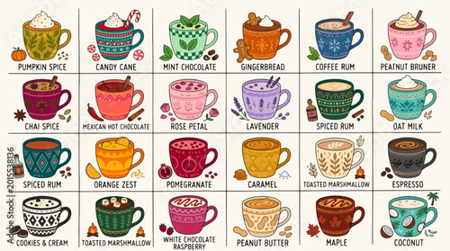 A collection of twenty four illustrated mugs featuring diverse flavored hot drinks and seasonal ingredients organized in a grid layout presented for design on transparent background.