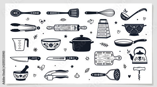 A collection of various kitchen utensils and cooking tools drawn in a simple black ink style featuring decorative elements and patterns presented on transparent background.