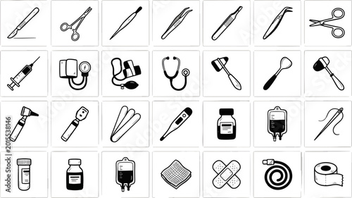 A collection of hand drawn medical icons including tools and clinical supplies arranged in a neat grid pattern to display various healthcare instruments on transparent background.