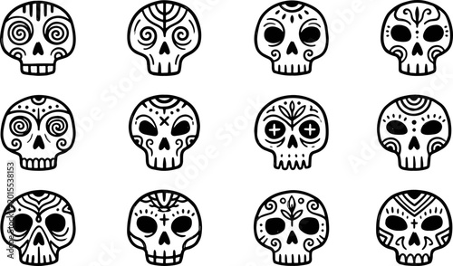 A collection of decorative sugar skulls featuring intricate folk art patterns and traditional mexican cultural motifs arranged in a grid style on transparent background.