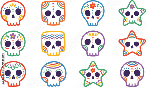 Vibrant collection of decorative sugar skulls and star shaped icons featuring festive colorful floral patterns and traditional mexican folk art elements displayed on transparent background