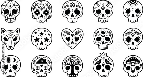 A collection of fifteen unique black and white skulls featuring diverse floral geometric and mystical patterns arranged in a grid layout presented on transparent background.