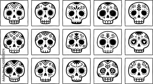 A collection of hand drawn sugar skulls featuring intricate floral patterns and decorative folk art designs arranged in a grid style pattern on transparent background.