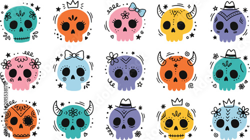 A collection of colorful hand drawn skull icons featuring various festive accessories like crowns flowers hats and horns arranged in a grid on transparent background