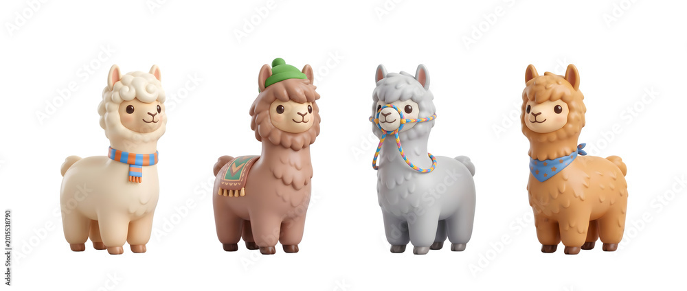 Obraz premium A delightful collection of cute 3D minimal llamas, showcasing clean lines and vibrant colors, perfect for playful design projects or animation themes.