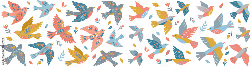 Fototapeta premium Folk art Scandinavian style flying birds set. Colorful floral decorated dove and swallow vector illustrations on white background.