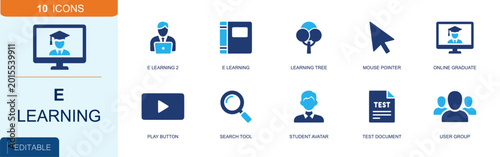 E-learning icon set. Containing tutor, digital book, learning tree, mouse pointer, online graduate, play button, search tool, student avatar, test paper and more. Solid fill vector icons.