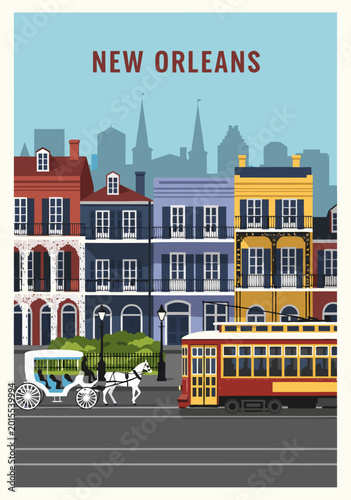 Canvastavla Vibrant vector illustration of a horse-drawn carriage and trolley in New Orleans, showcasing cityscape, buildings, and street life, capturing the essence of travel and transportation
