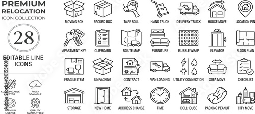 Photos Comprehensive collection of essential line icons for home relocation, moving ser