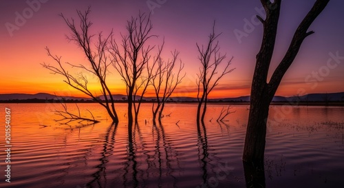 Sunset silhouette of bare trees in water scenic landscape photography for wall art