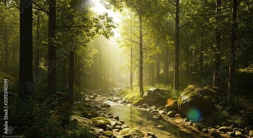 Serene forest scene with trees and stream in sunlight