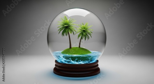 Tropical palm trees in a miniature glass globe with ocean water