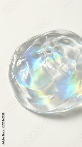 Iridescent soap bubble with rainbow reflections floating on neutral background showcasing prismatic light effects and translucent spherical form.