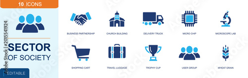 Society sector icon set. Containing partnership, church, delivery truck, microchip, microscope, shopping cart, travel luggage, user group, wheat grain and more. Solid fill vector icons.
