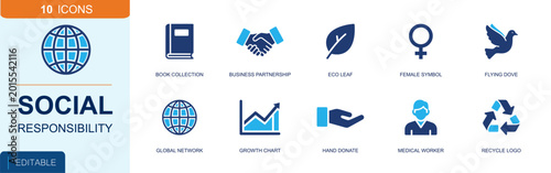 Social responsibility icon set. Containing business partnership, eco leaf, female symbol, dove, global network, growth chart, donate hand, medic, recycle and more. Solid fill vector icons.