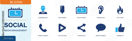 Social media management icon set. Containing businessman, chat bubble, clock widget, hearing aid, flame, phone handset, play button, share arrow, thumbs up and more. Solid fill vector icons.