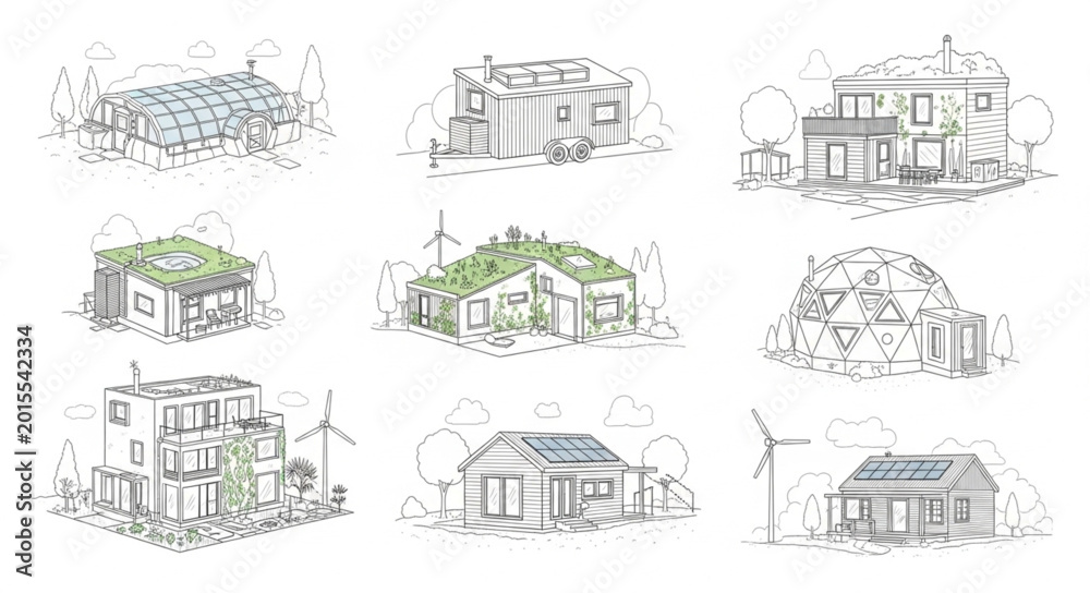 Obraz premium Collection of Sustainable Eco Friendly House Designs Sketches.