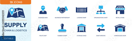 Supply chain logistics icon set containing manager, handshake, loading dock, organization chart, retail store, route map, warehouse door, swap arrows and more, solid fill vector icons.