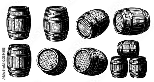 Foto Wooden Barrel Vintage Illustration Set – Rustic Storage Container Sketch Vector