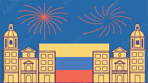Tableau sur toile Colombian national flag gateway with fireworks display and colonial-style buildi