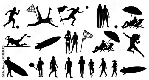 Schilderij op canvas Summer beach activity silhouettes set including surfing and volleyball and sunba