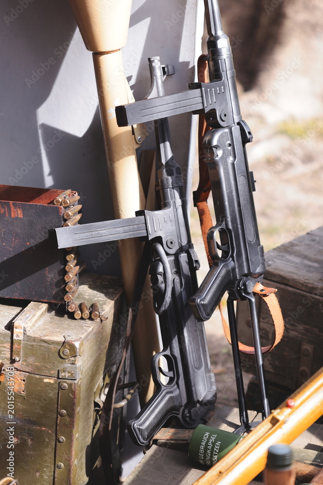 Naklejka premium Machine gun on a rack, close-up view
