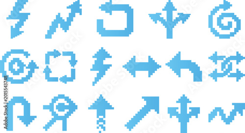 Pixel art blue arrow collection for retro gaming interface and simple digital application.