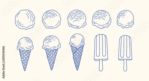 Photos Hand-drawn Ice Cream Scoop Cone and Popsicle Icons Blue Line Art Minimalist Vect
