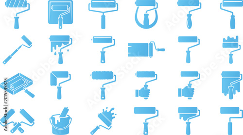 Canvastavla Set of light blue paint roller and tray icons for home renovation