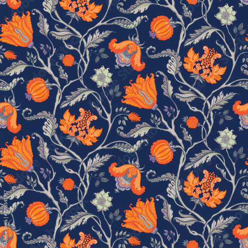 Chintz inspired Floral vintage seamless pattern in Jacobean style for retro w...