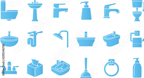 Konstfotografi Bathroom fixtures and accessories in blue flat design, toilet sink faucet on white