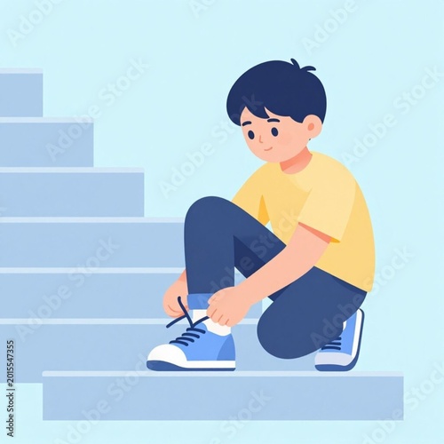 Young boy sitting on stairs and tying his shoelaces  