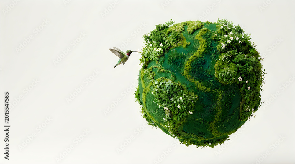 Naklejka premium Tiny hummingbird flying towards a lush green moss-covered earth globe