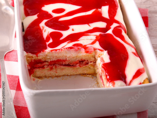 Raspberry tiramisu cake, layered no bake dessert