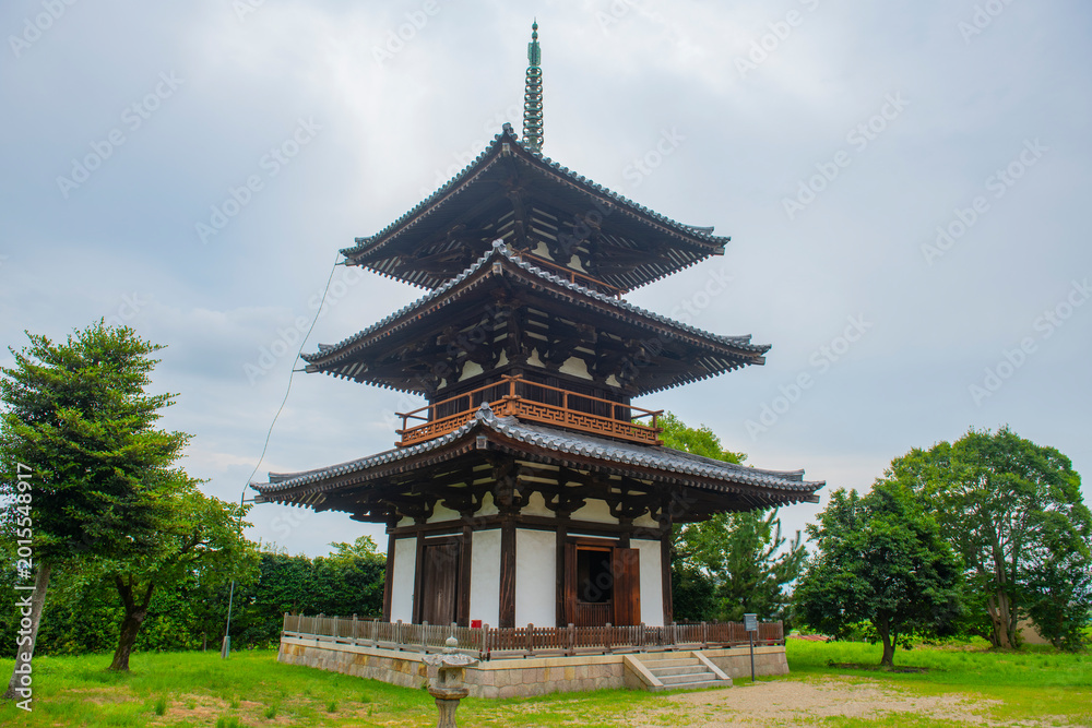 Obraz premium Pagoda in Hoki Ji Temple. This temple is a Buddhist temple in Ikaruga, Nara Prefecture, Japan. This temple belongs to Buddhist Monuments in the Horyu-ji Area UNESCO World Heritage Site.