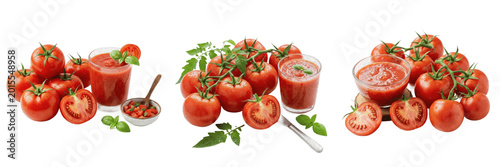 Schilderij op canvas Bunch of Fresh Red Cherry Tomatoes and Glass of Tomato Juice Isolated on White B