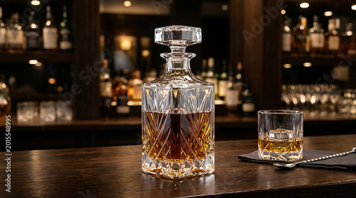 A luxury crystal decanter and glasses of whiskey, brandy, and cognac filled with amber liquid sit on a white table isolated against a clean background