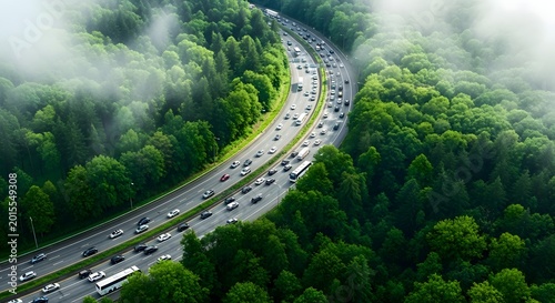 Aerial view of a busy highway winding through a dense, lush forest, illustrating the complex interplay between infrastructure and the natural world, and the impact of transport on ecosystems.