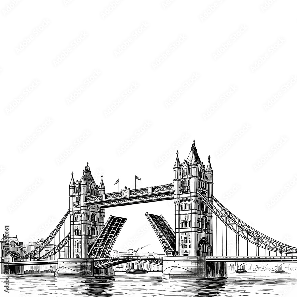 Obraz premium Tower Bridge illustration over calm water in black and white line art