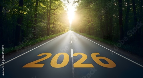 A sun-drenched road stretches forward, boldly displaying '2026', representing a hopeful journey towards a sustainable future and the promise of innovative environmental solutions.