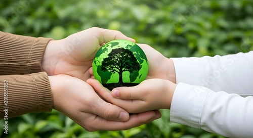 Protecting our planet's future: Gentle hands cradle a vibrant green Earth, symbolizing ecological responsibility and the delicate balance between humanity and nature's ecosystems.