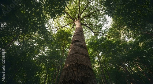Towering ancient tree reaching towards the sky, enveloped by a dense canopy of vibrant green foliage, symbolizing resilience and the enduring power of the natural world.