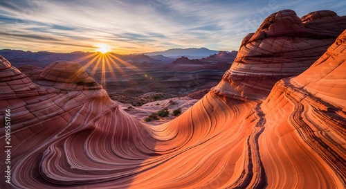Striking sandstone formations sculpted by erosion, bathed in the golden light of a desert sunrise, revealing the Earth's geological artistry and the power of natural processes.