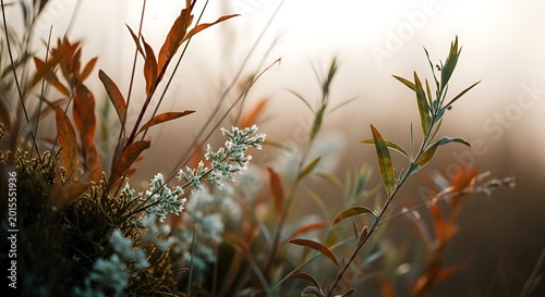Delicate close-up of autumnal foliage, showcasing vibrant hues of red, orange, and green, bathed in soft, diffused light, representing the transient beauty of nature's cycle.